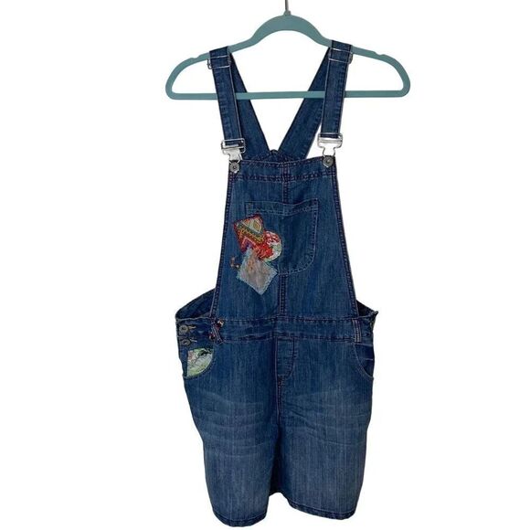 Joe Browns Womens Applique Jean Short Overalls Size 10 Blue Denim Patchwork - Picture 1 of 13